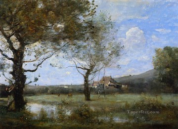 Pradera con dos grandes árboles plein air Romanticismo Jean Baptiste Camille Corot Pinturas al óleo